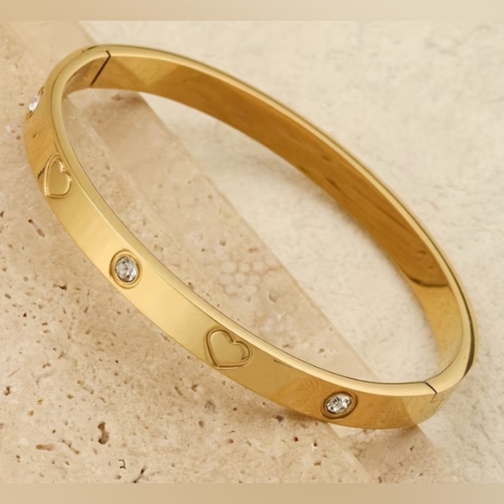 Gold Plated Stainless Steel Heart Bangle Bracelet